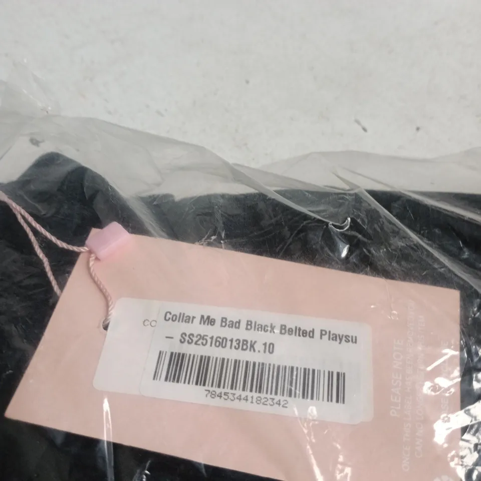PINK BOUTIQUE COLLAR ME BAD BLACK BELTED PLAYSUIT – UK 10