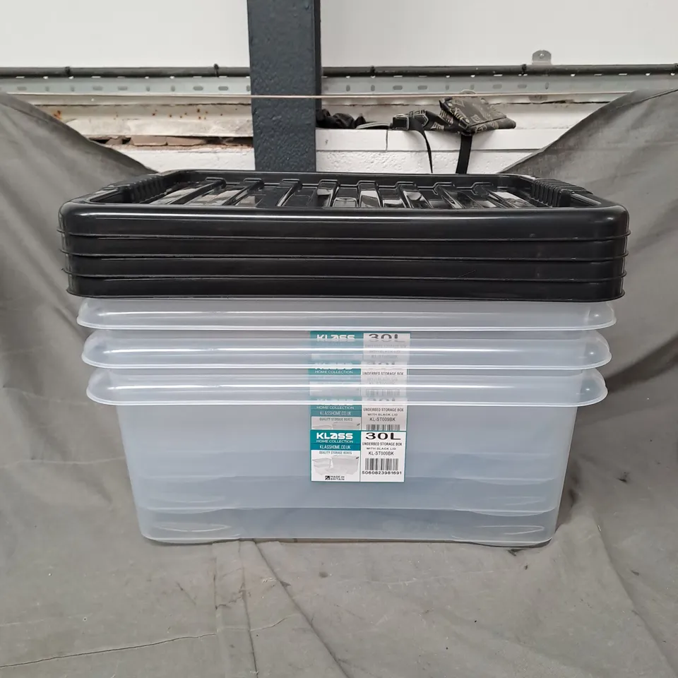 KLASS X3 30L CLEAR STORAGE BOXES WITH BLACK LIDS