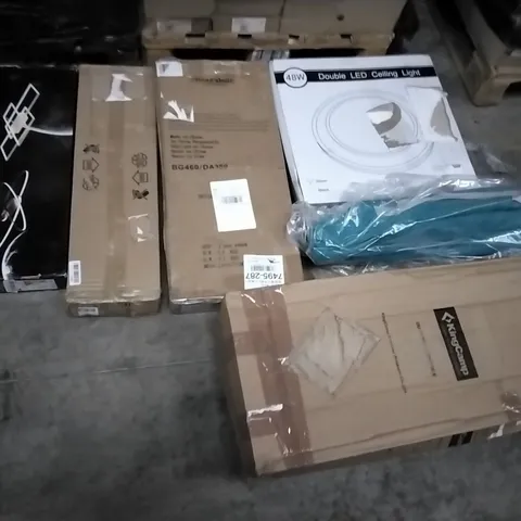 PALLET OF ASSORTED ITEMS INCLUDING DOUBLE LED CEILING LIGHT, KINGCAMP, AMAGABEL, HOMIDEC WORKDESK, TIMBER RIDGE
