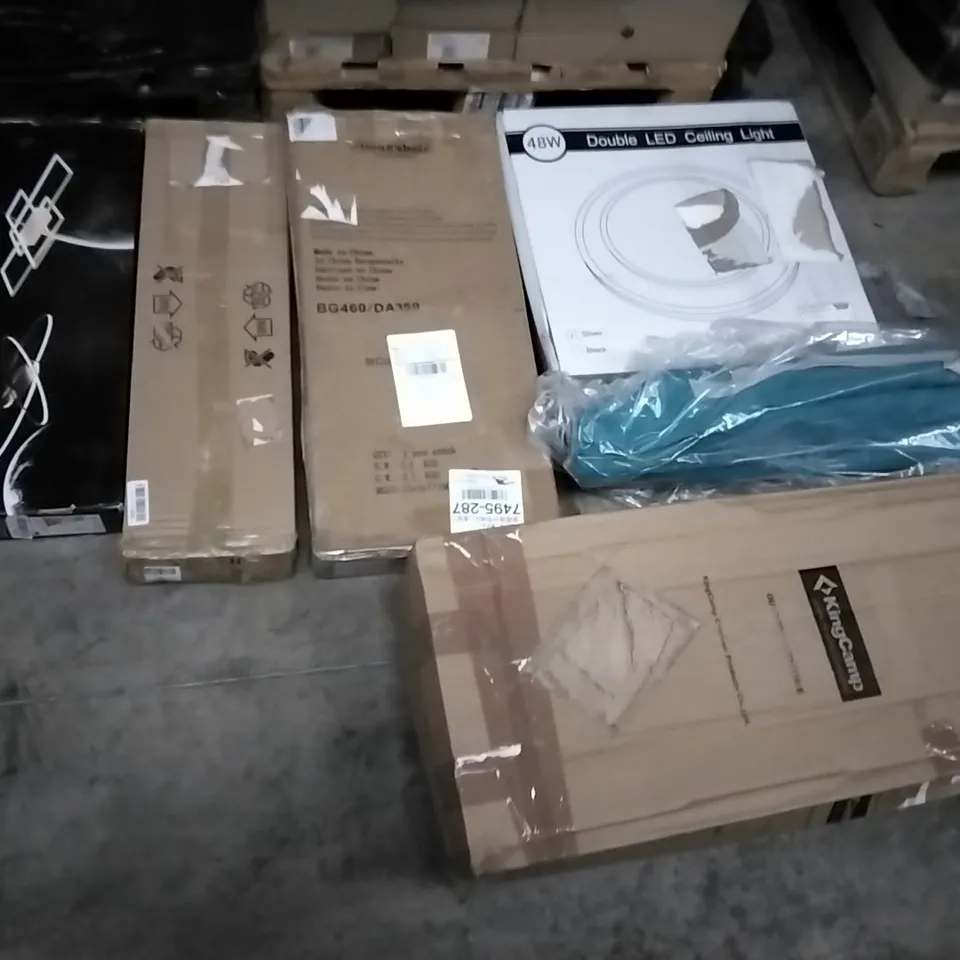 PALLET OF ASSORTED ITEMS INCLUDING DOUBLE LED CEILING LIGHT, KINGCAMP, AMAGABEL, HOMIDEC WORKDESK, TIMBER RIDGE