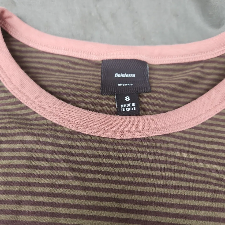 FINISTERRE ORGANIC STRIPED LONG-SLEEVE TOP – BROWN STRIPE PINK TRIM, UK SIZE 8