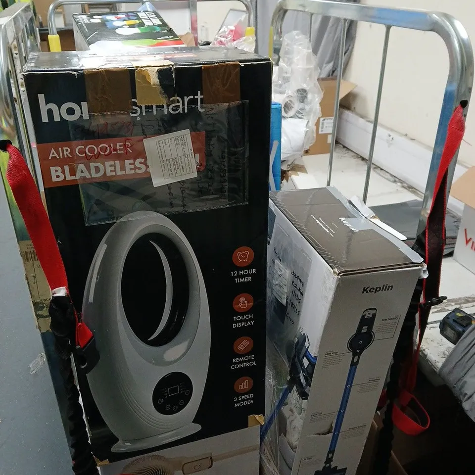 ASSORTED HOME APPLIANCES & PACKING MATERIALS LOT – VACUUMS, BLADELESS AIR COOLER & BOXES CAGE OF ASSORTED HOUSEHOLD GOODS APPROXIMATELY 20 ITEMS .DAMAGED SPARES AND  REPAIRS ITEMS .