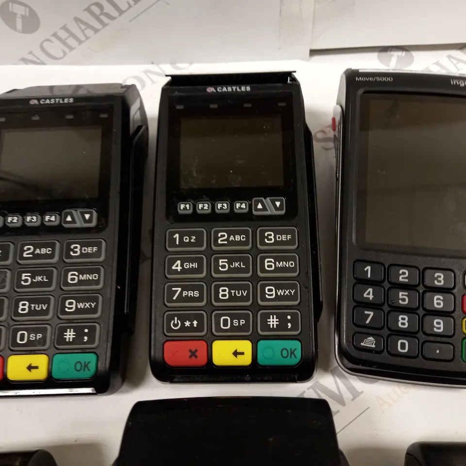 LOT OF 6 ASSORTED HANDHELD CARD TERMINALS TO INCLUDE INGENICO IWL250 AND CASTLES VEGA3000