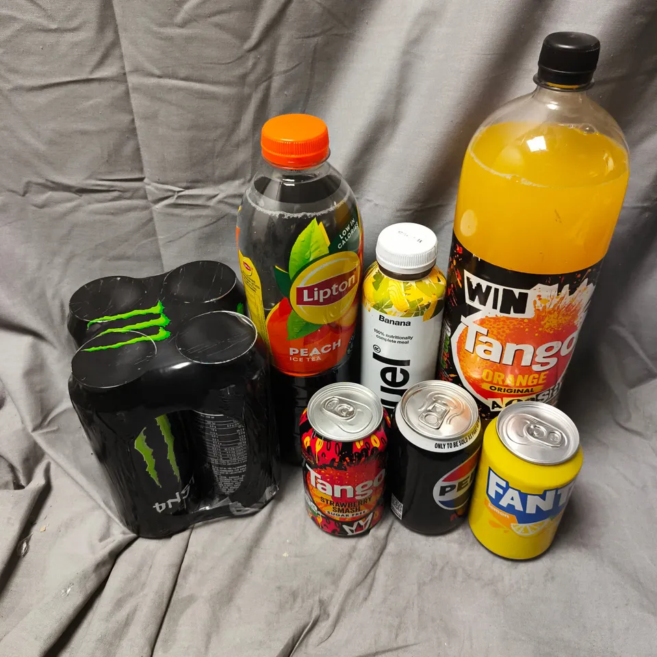 APPROXIMATELY 10 ASSORTED FOOD REPLACEMENT DRINKS TO INCLUDE TANGO ORANGE, FANTA LEMON, MONSTER ENERGY DRINK, ETC - COLLECTION ONLY