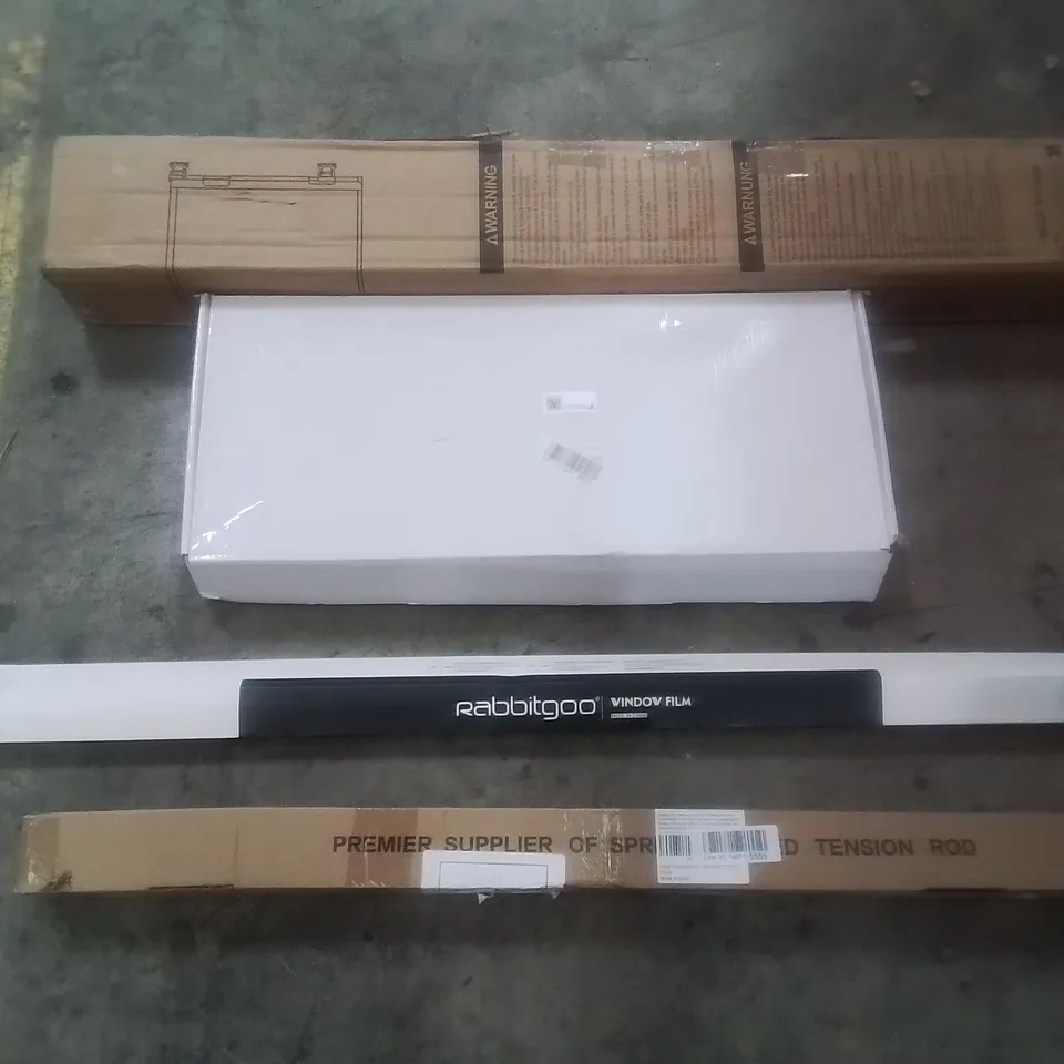 PALLET CONTAINING ASSORTED ITEMS TO INCLUDE: SHOWER, RETRACTABLE SAFETY GATE, WINDOW FILM AND SPRING LOADED TENSION ROD ETC...