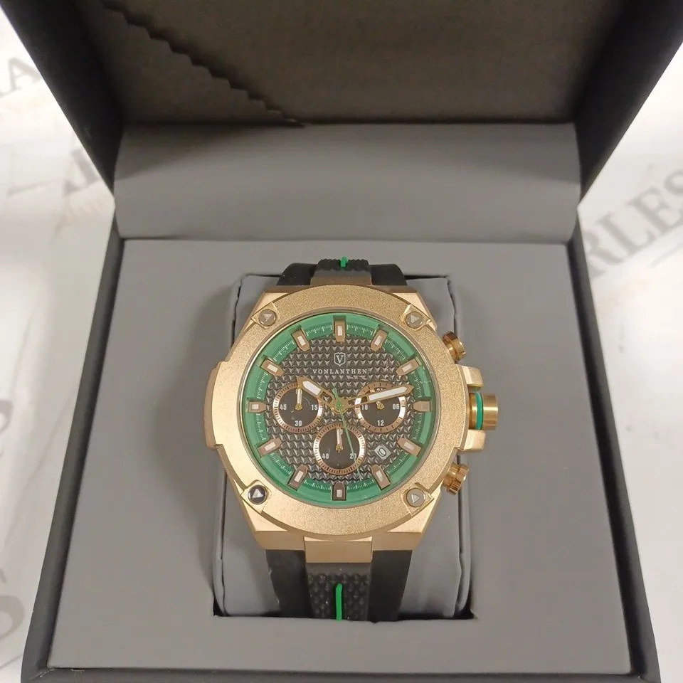 VONLANTHEN MEN'S CHRONOGRAPH GREEN TRIPLE DIAL RUBBER STRAP WRISTWATCH 