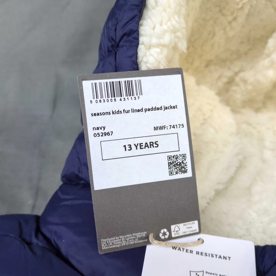 MOUNTAIN WAREHOUSE KIDS' NAVY FUR-LINED PADDED JACKET – 13 YEARS