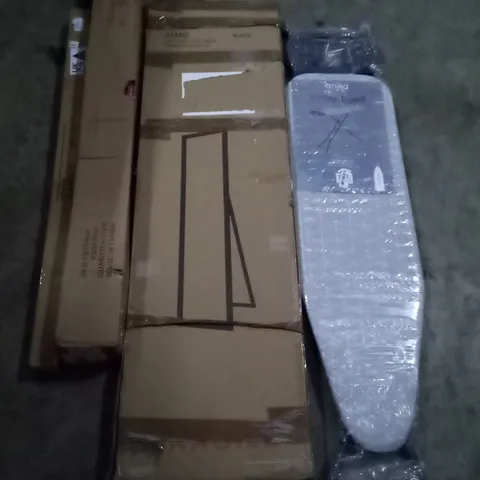 PALLET OF ASSORTED ITEMS INCLUDING IRONING BOARD, FULL LENGTH FLOOR MIRROR, PARASOL, BLACKOUT ROLLER BLINDS