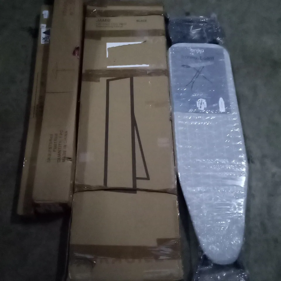 PALLET OF ASSORTED ITEMS INCLUDING IRONING BOARD, FULL LENGTH FLOOR MIRROR, PARASOL, BLACKOUT ROLLER BLINDS