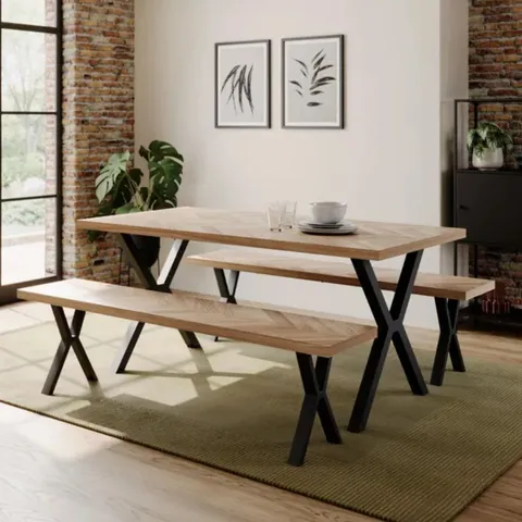 BOXED EZRA II 6 SEATER RECTANGULAR DINING TABLE WITH 2 BENCHES - FAUX RUSTIC PARQUET (2 BOXES)