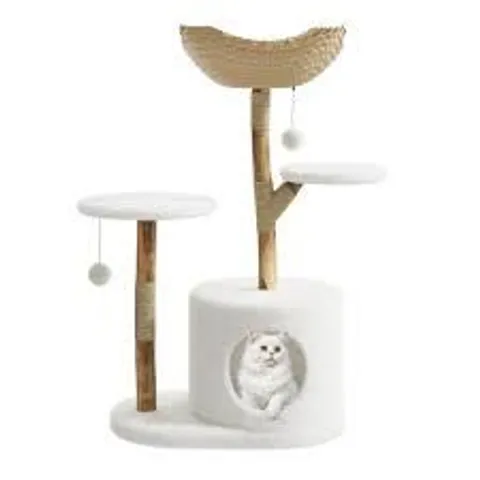 BOXED GARVEE 43" MODERN NATURAL WOOD CAT TREE WITH RATTAN BASKET FOR LARGE CATS, WHITE, DUAL PERCH, 4 LAYERS