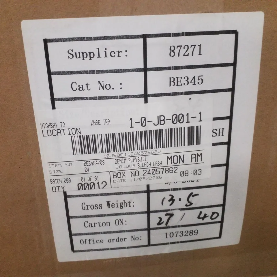 BOX CONTAINING APPROXIMATELY 12 BRAND NEW SIMPLY BE BLEACH WASH DENIM PLAYSUITS - SIZE 24