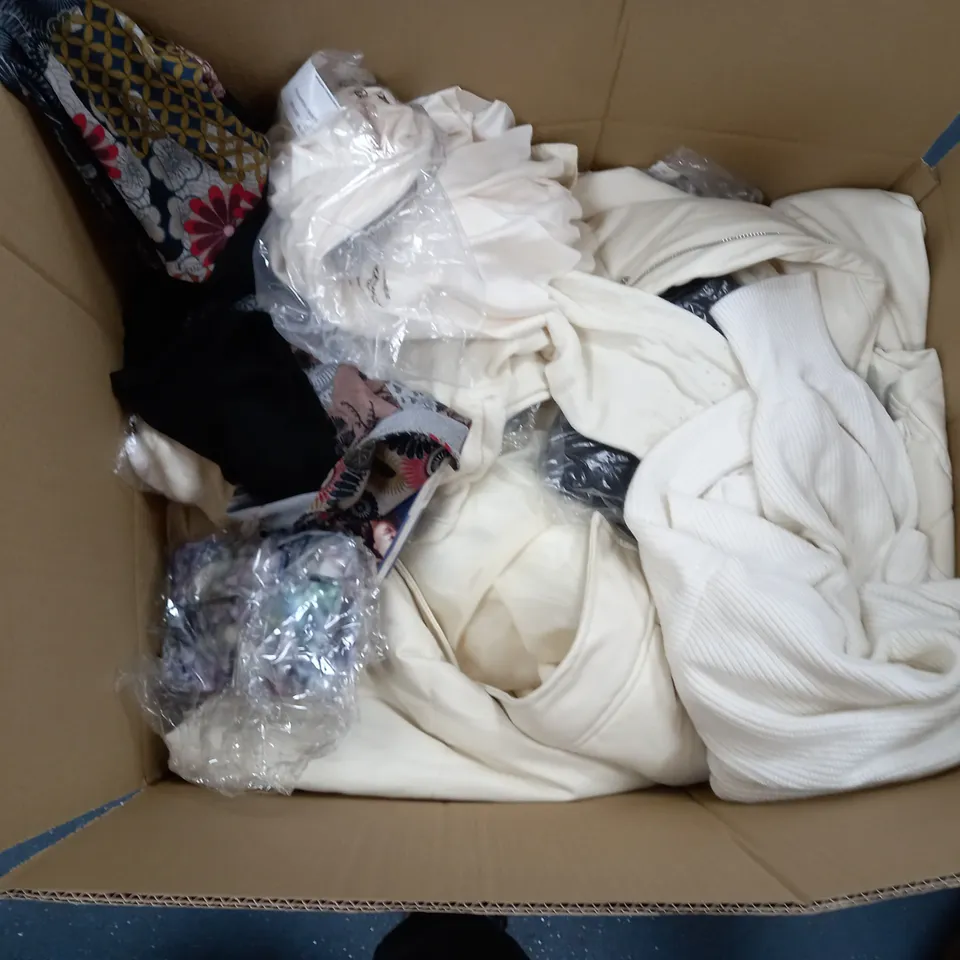 LARGE BOX OF ASSORTED CLOTHING ITEMS TO INCLUDE TOPS LINGERIE, DRESSES AND JUMPERS