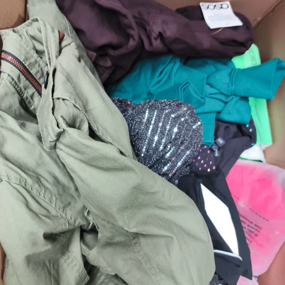 APPROXIMATELY 25 ASSORTED CLOTHING PRODUCTS IN VARIOUS STYLES & SIZES TO INCLUDE PANTS, T-SHIRTS, DRESSES ETC