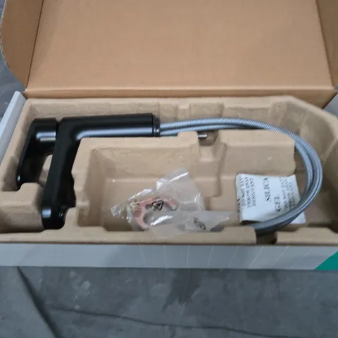 BLACK KITCHEN FAUCET WITH BRAIDED HOSE – BOXED 