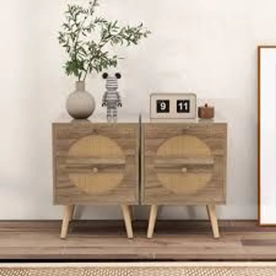 BOXED COSTWAY NATURAL 2 DRAWER BOHEMIAN STYLE RATTAN BEDSIDE TABLE SET OF 2