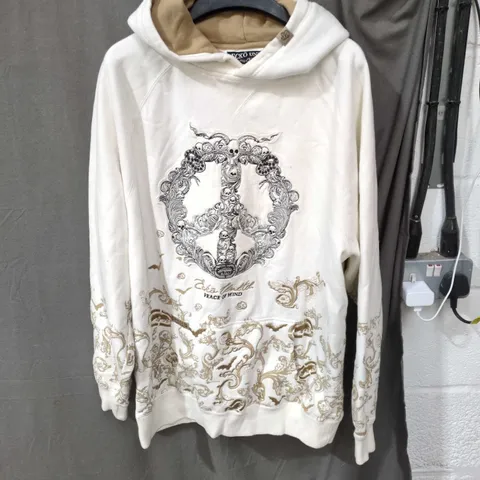 ECKO UNLTD WHITE HOODIE WITH BEIGE HOOD LINING – FRONT GRAPHIC, UK SIZE L