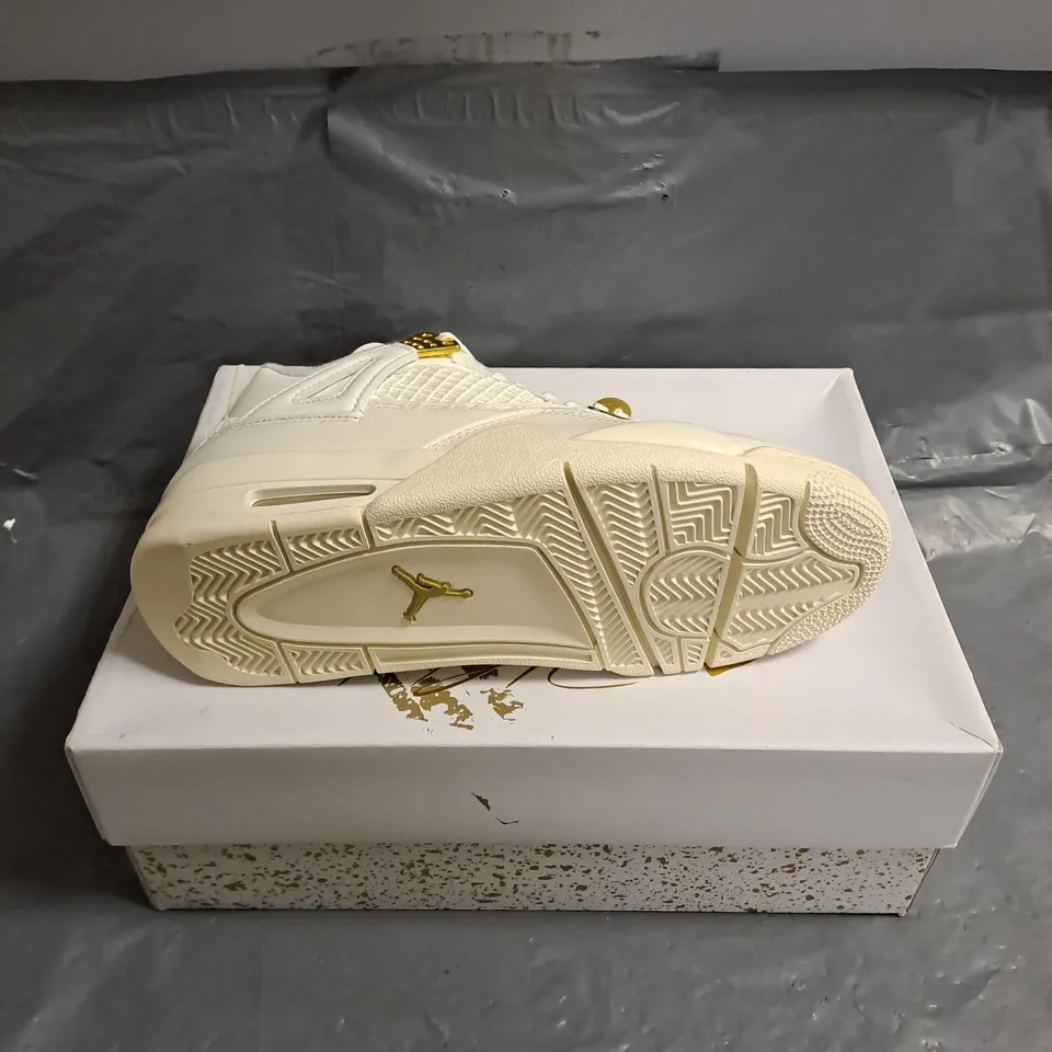BOXED PAIR OF JORDAN 4 RETRO IN METALLIC GOLD/WHITE SIZE WOMENS UK 5.5