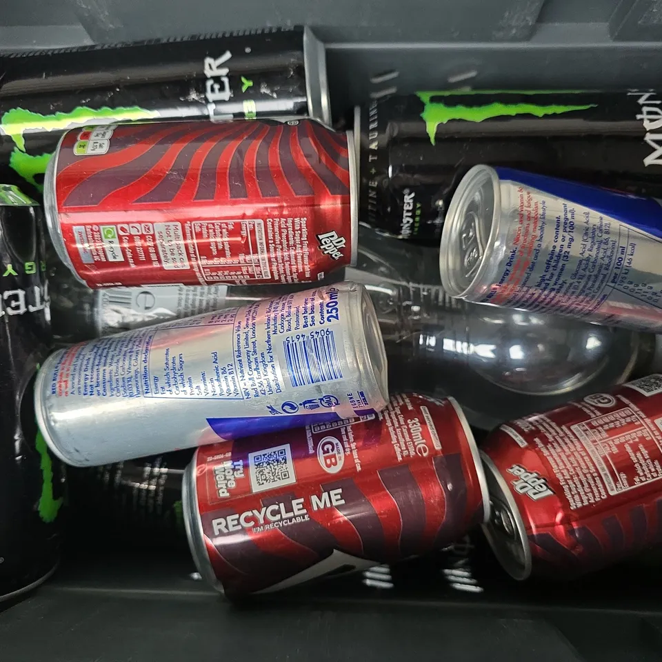 APPROXIMATELY 12 ASSORTED DRINKS TO INCLUDE DR PEPPER, MONSTER ENERGY, SHEPLEY SPRING WATER, ETC - COLLECTION ONLY