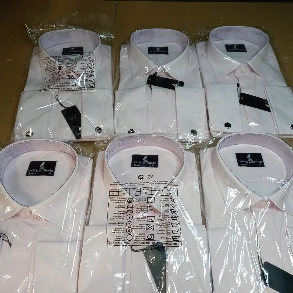 MOSES KUSHNER LOT OF 6 LONG SLEEVE SLIM FIT BUTTONED LIGHT PINK SHIRTS IN VARIOUS SIZES- 5 XL, 1 XXL