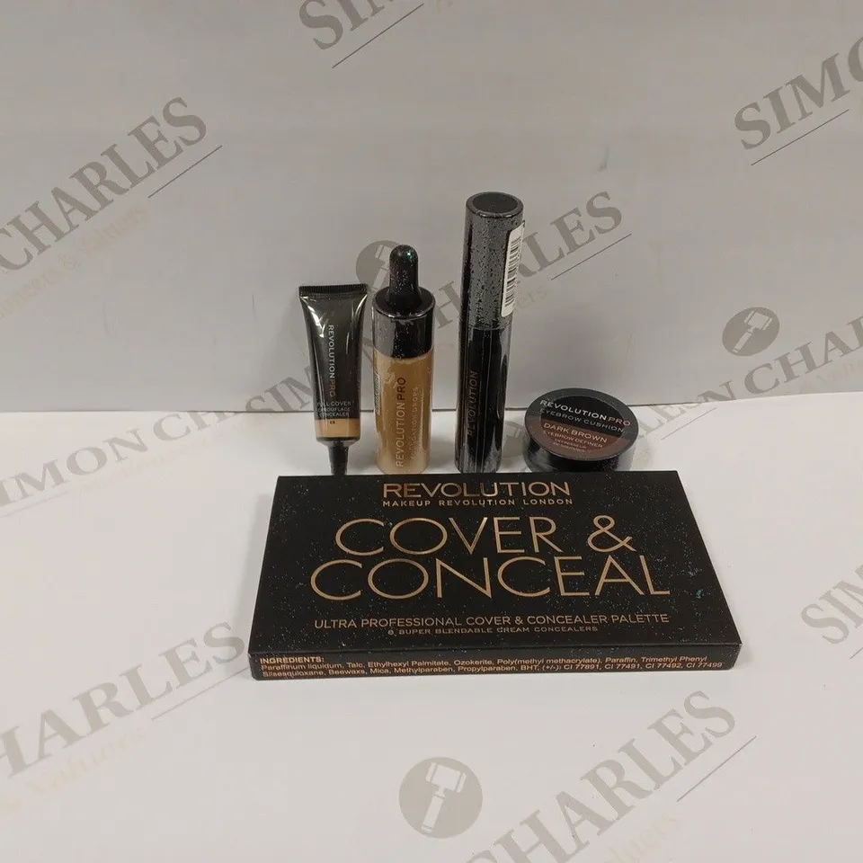 LOT OF 5 REVOLUTION BEAUTY PRODUCTS TO INCLUDE COVER & CONCEALER PALETTE, EYEBROW DEFINER, AND FOUNDATION DROPS
