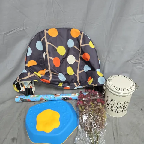 BOX OF APPROXIMATELY 20 ASSORTED HOUSEHOLD ITEMS TO INCLUDE PRAM HOOD, COFFEE CANISTER AND WRAPPING PAPER