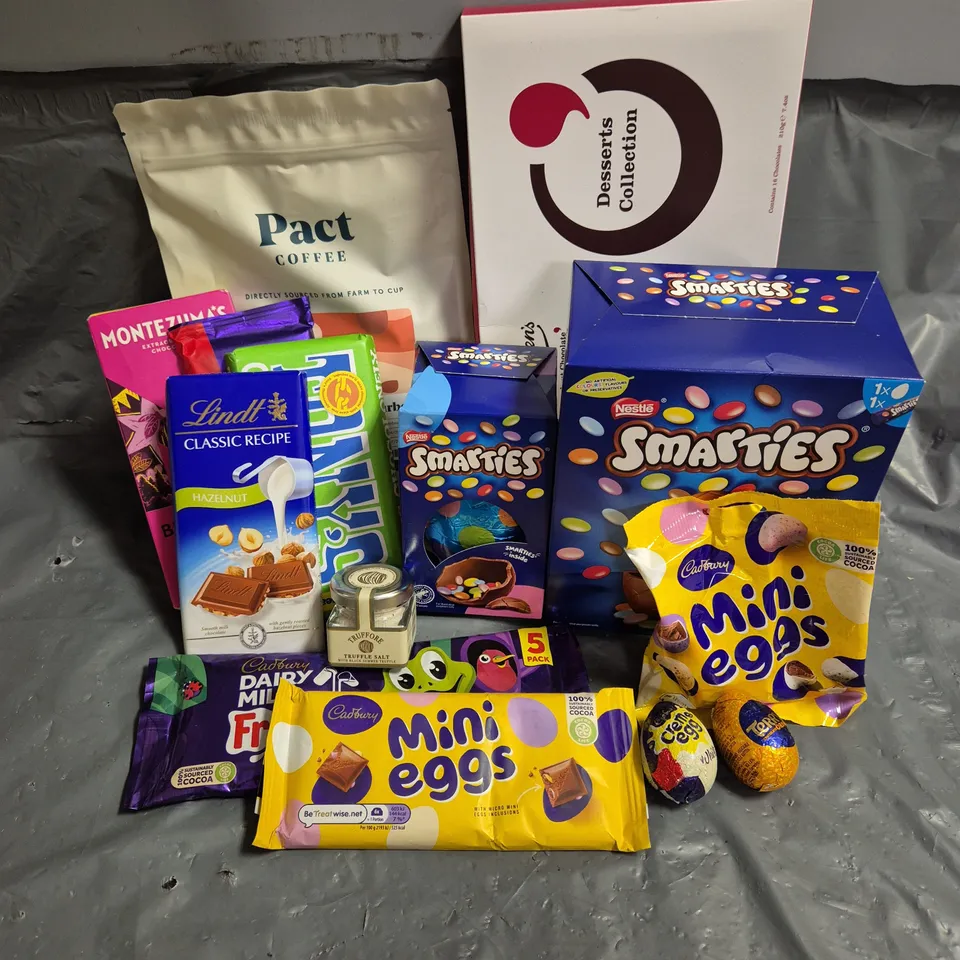 APPROXIMATELY 15 ASSORTED FOOD AND DRINK PRODUCTS TO INCLUDE - MINI EGGS CHOCOLATE - SMARTIES EASTER EGG - PACT COFFEE - ETC