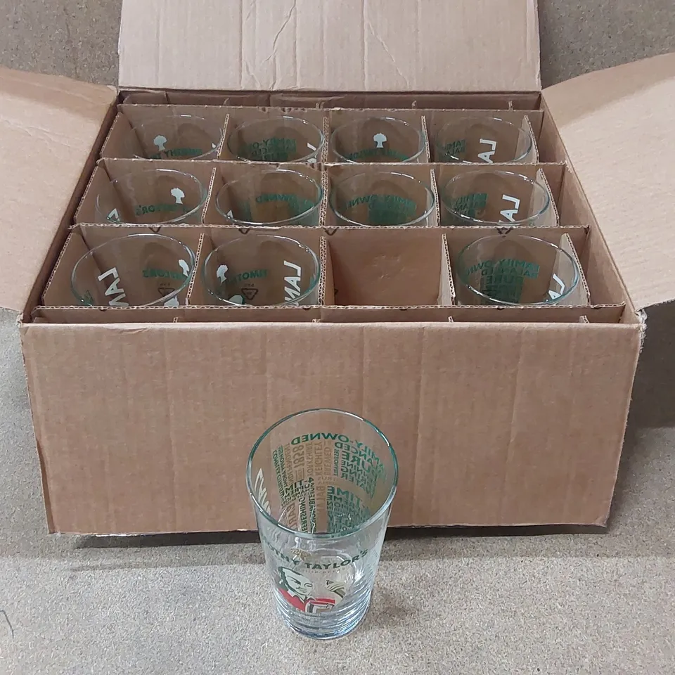 BOX OF APPROXIMATELY 12x TIMOTHY TAYLOR'S PINT GLASSES