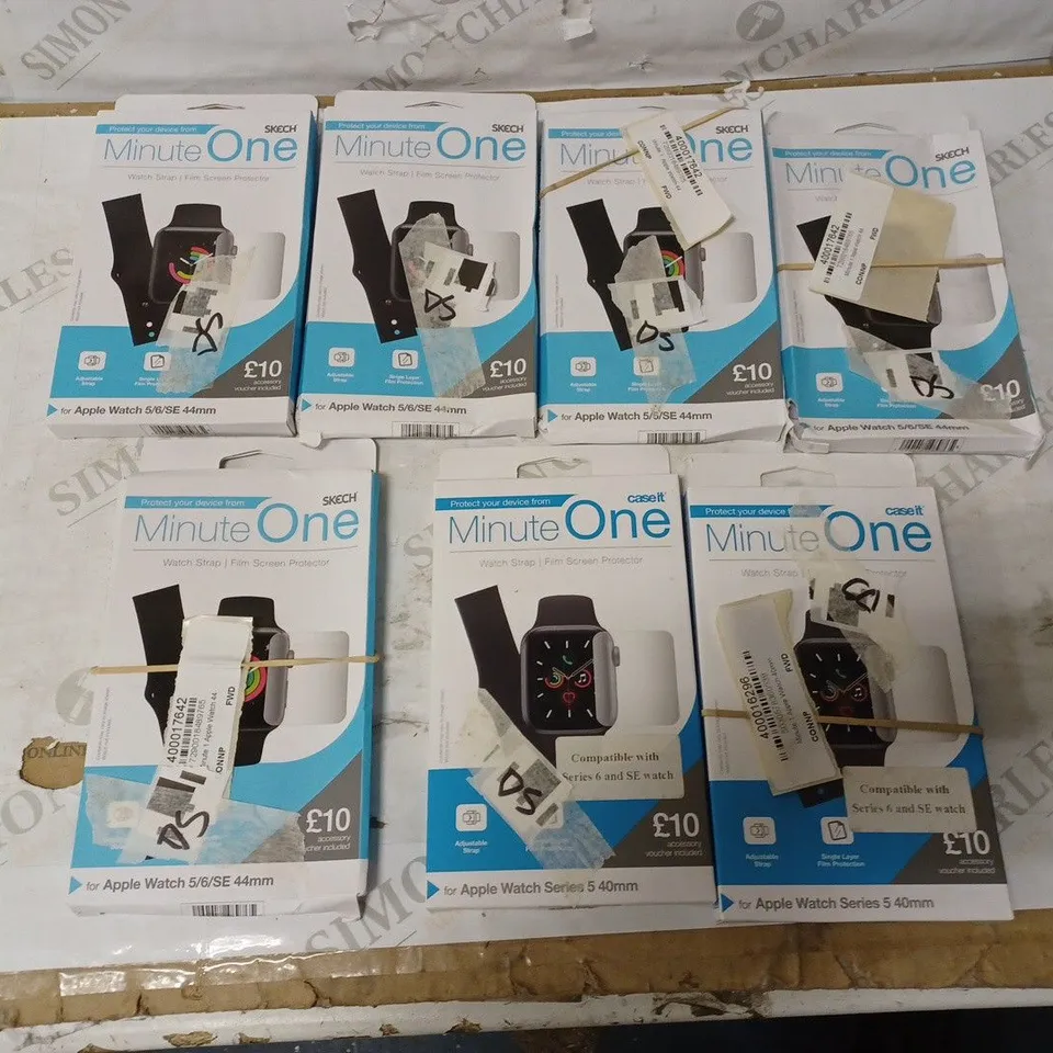 LOT OF 7 ASSORTED MINUTE ONE STRAP & SCREEN PROTECTOR KITS FOR VARIOUS APPLE WATCH MODELS