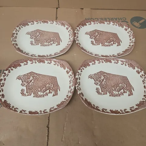 Set 4 Vintage Retro English Ironstone Brown Bull Oval Steak Plates