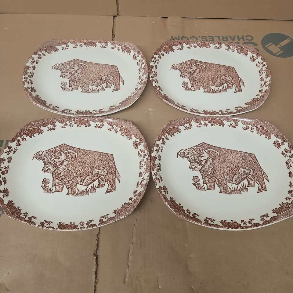 Set 4 Vintage Retro English Ironstone Brown Bull Oval Steak Plates