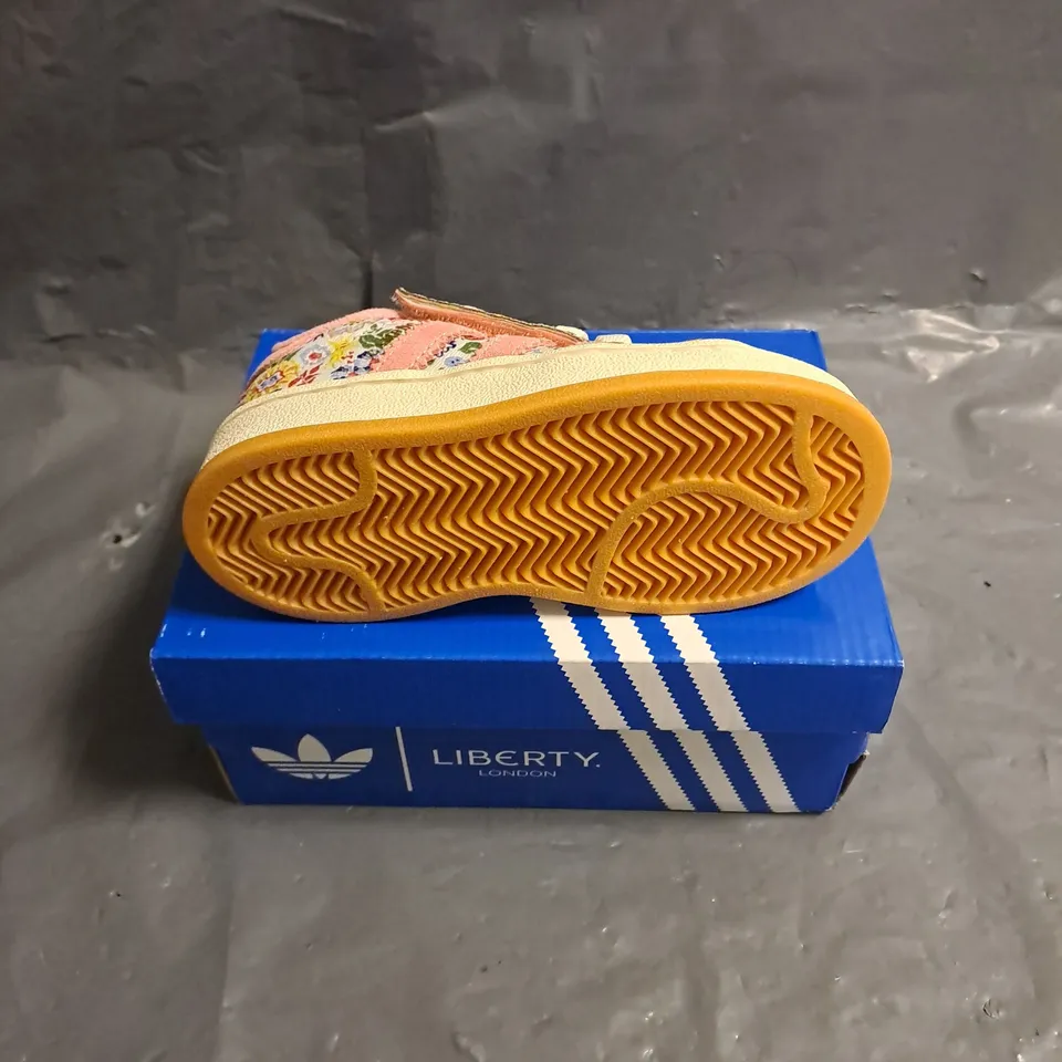 BOXED PAIR OF ADIDAS KIDS CAMPUS 00S X LIBERTY LONDON SHOES IN PINK MULTI SIZE UK 7K