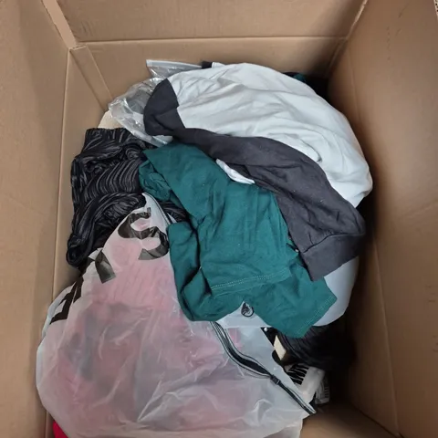 LARGE BOX OF ASSORTED CLOTHING ITEMS IN VARIOUS SIZES, STYLES AND COLOUR 