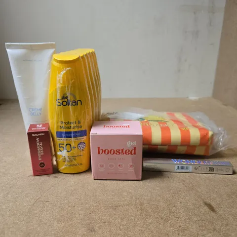 TOTE OF APPROXIMATELY 15 ASSORTED COSMETIC ITEMS TO INCLUDE BOOTS SOLTAN, GET BOOSTED BOOB TAPE, WONDERSKIN EYE LINER, SACHEU EYESHADOW ETC