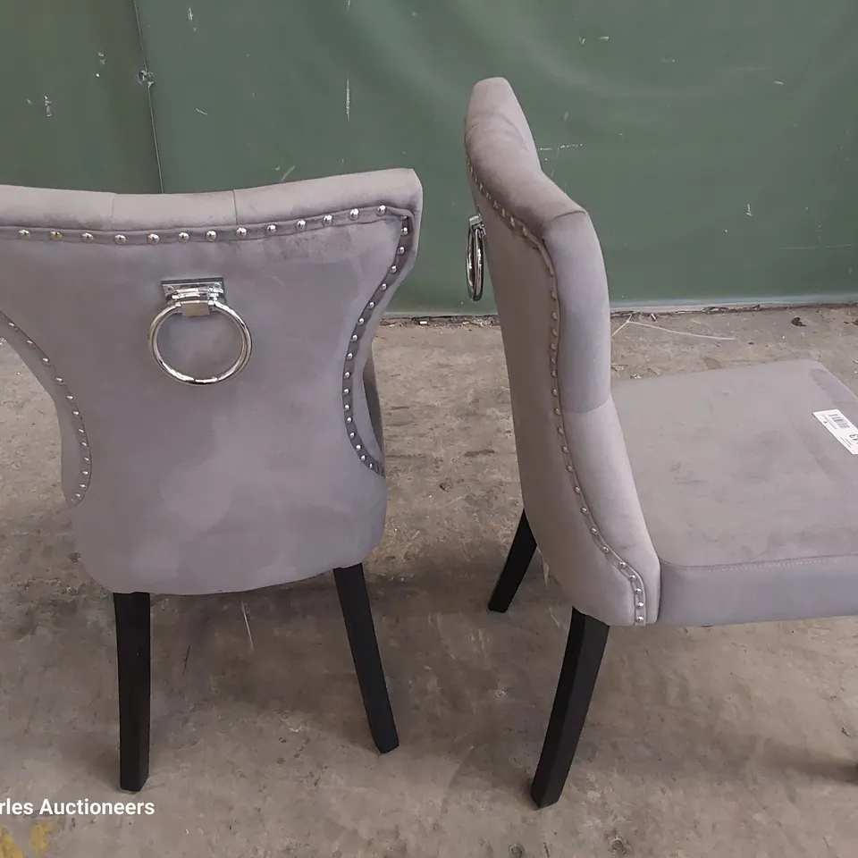 PAIR OF UPHOLSTERED BUTTONED RING BACK DINING CHAIRS GREY PLUSH FABRIC ON BLACK PAINTED LEGS 