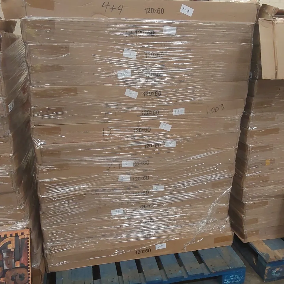 APPROX 30 X ASSORTED BRAND NEW BOXED DESIGNER TABLE TOPS - DESIGNS AND COLOURS MAY VARY // SIZES: 120 X 60cm // 15 BOXES - 2 TOPS PER BOX