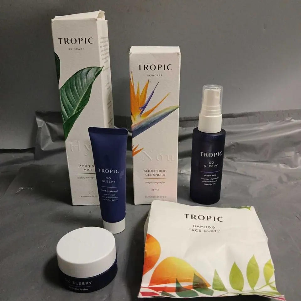 TROPIC SKINCARE LOT OF 6 ASSORTED COSMETIC PRODUCTS TO INCLUDE - SO SLEEPY PILLOW MIST - SO SLEEPY TEMPLE BALM - MORNING MIST SOOTHING TONING ESSENCE - ETC