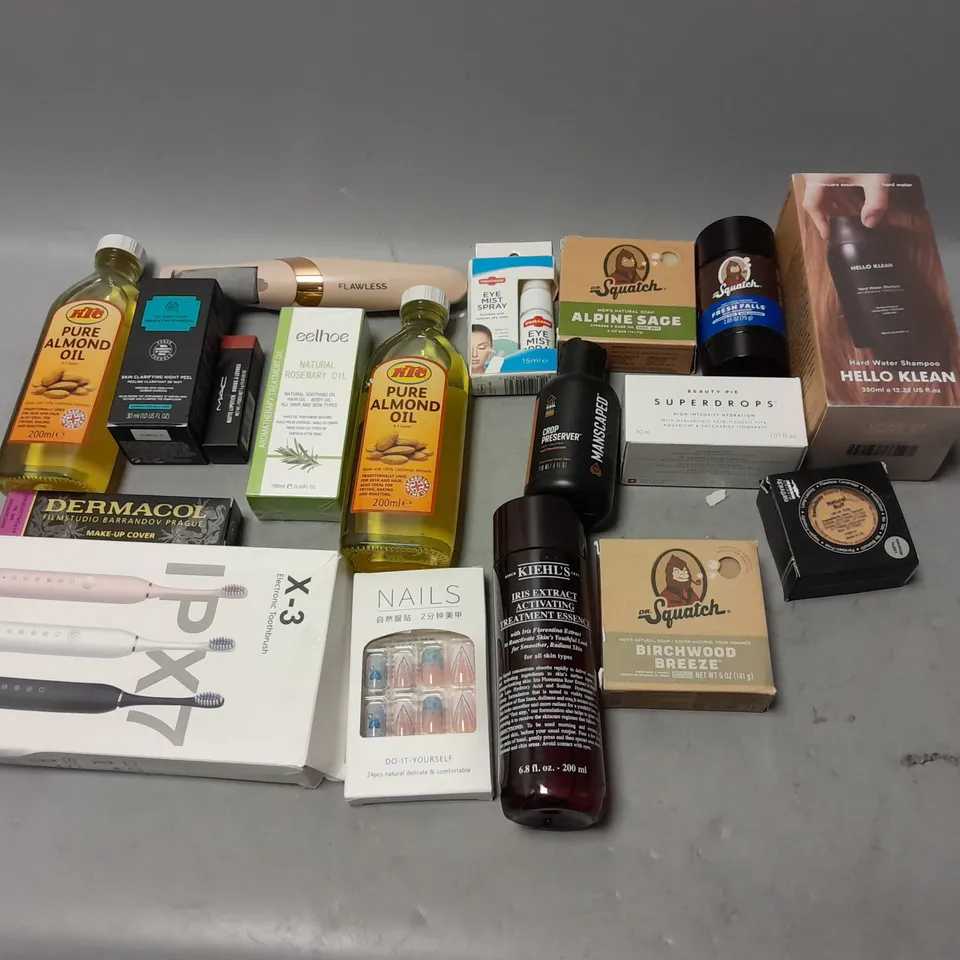 BOX OF APPROXIMATELY 15 COSMETIC ITEMS TO INCLUDE HELLO KLEAN SHAMPOO, SQUATCH SOAP, AND PURE ALMOND OIL ETC. 