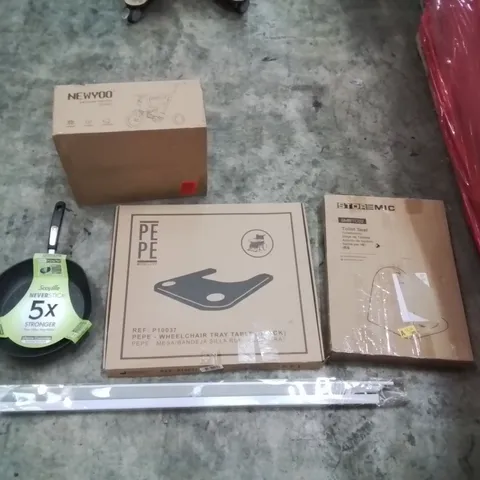 PALLET OF ASSORTED ITEMS TO INCLUDE: NEWYOO PUSH TRICYCLE, WHEELCHAIR TRAY TABLE, TOILET SEAT, BLINDS, FRYING PAN ECT
