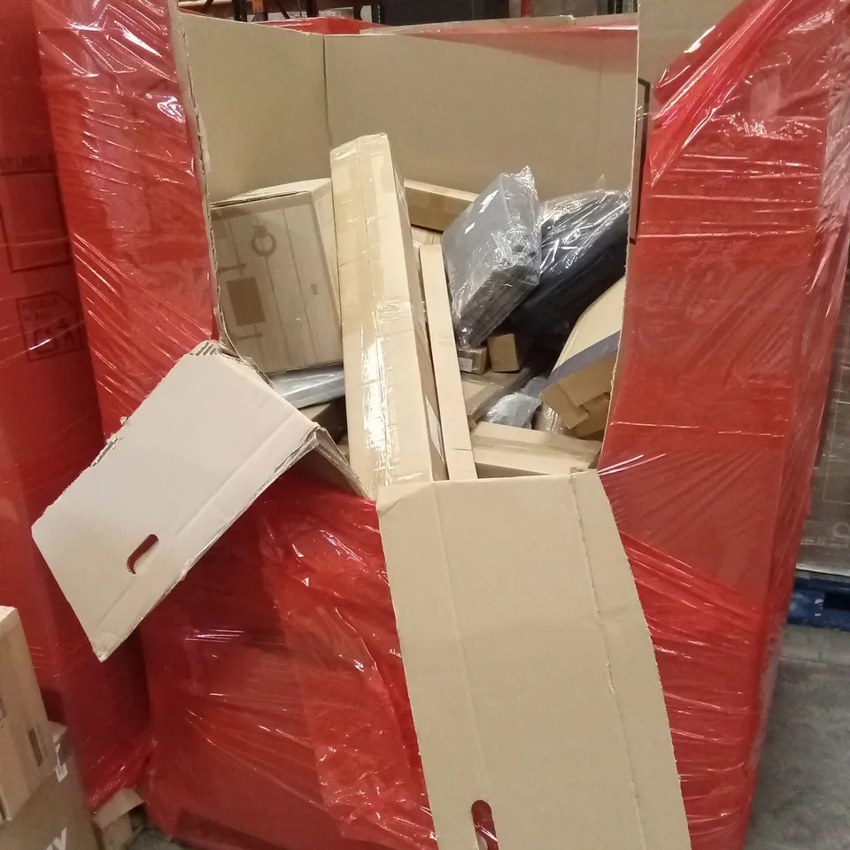PALLET OF ASSORTED HOUSEHOLD GOODS AND PRODUCTS TO INCLUDE; SUITCASE, SHOWER SYSTEM, RUG, IVY PRIVACY FENCE ETC