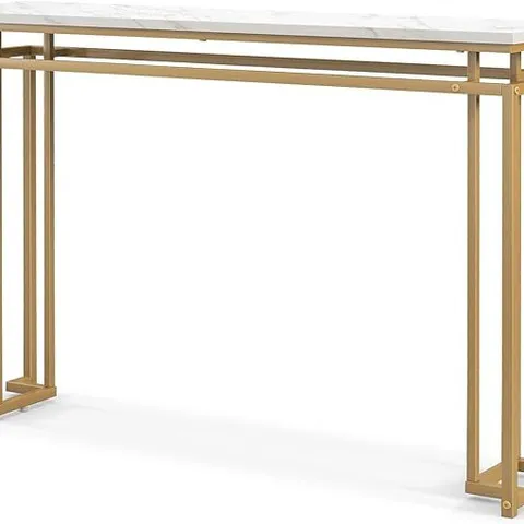 BOXED GOLD CONSOLE TABLE WITH FAUX MARBLE TABLETOP AND GEOMETRIC METAL FRAME - WHITE (1 BOX)