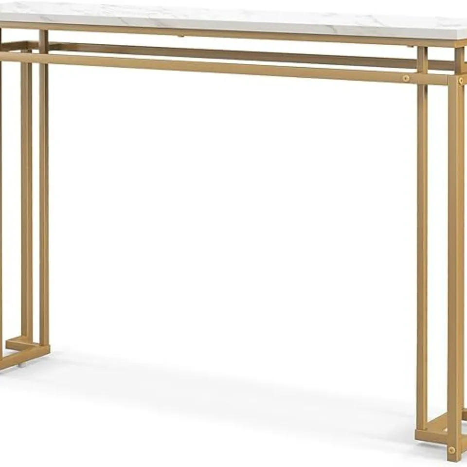 BOXED GOLD CONSOLE TABLE WITH FAUX MARBLE TABLETOP AND GEOMETRIC METAL FRAME - WHITE (1 BOX)