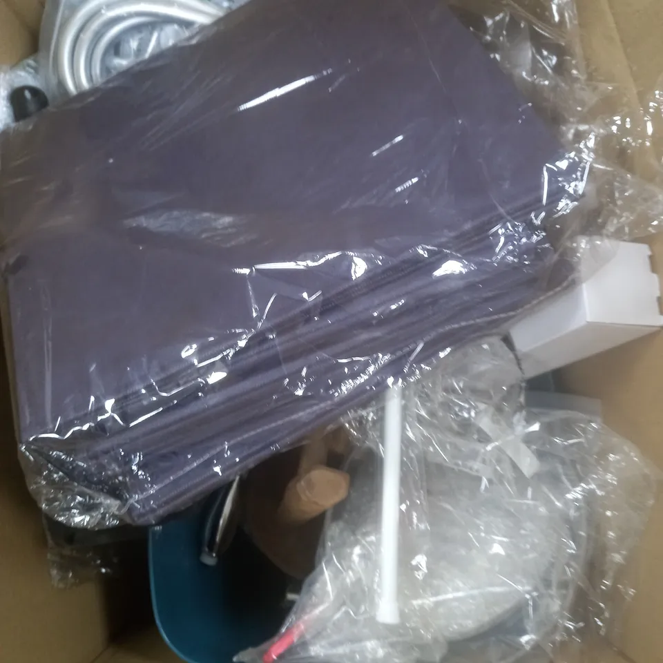 BOX OF APPROXIMATELY 15 HOUSEHOLD ITEMS TO CONTAIN POLYESTER KNITTING YARN, 2000ML WATER BOTTLE, ARBONT 1L WATER BOTTLE ETC 