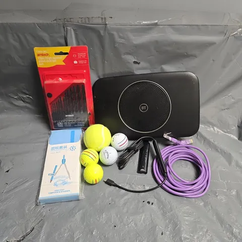 APPROXIMATELY 10 ASSORTED HOUSEHOLD ITEMS TO INCLUDE - AMTECH DRILL BIT SET - GOLF BALLS - CABLES - ETC