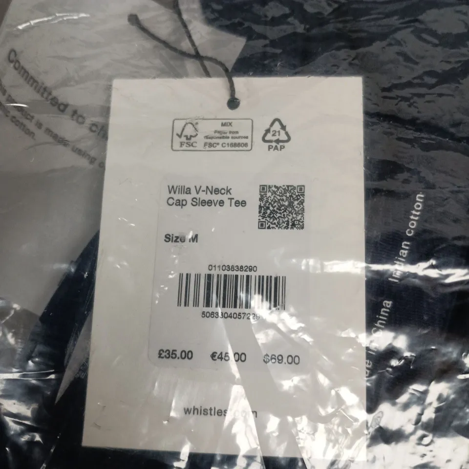 WHISTLES WILLA V-NECK CAP SLEEVE TEE – NAVY – SIZE M