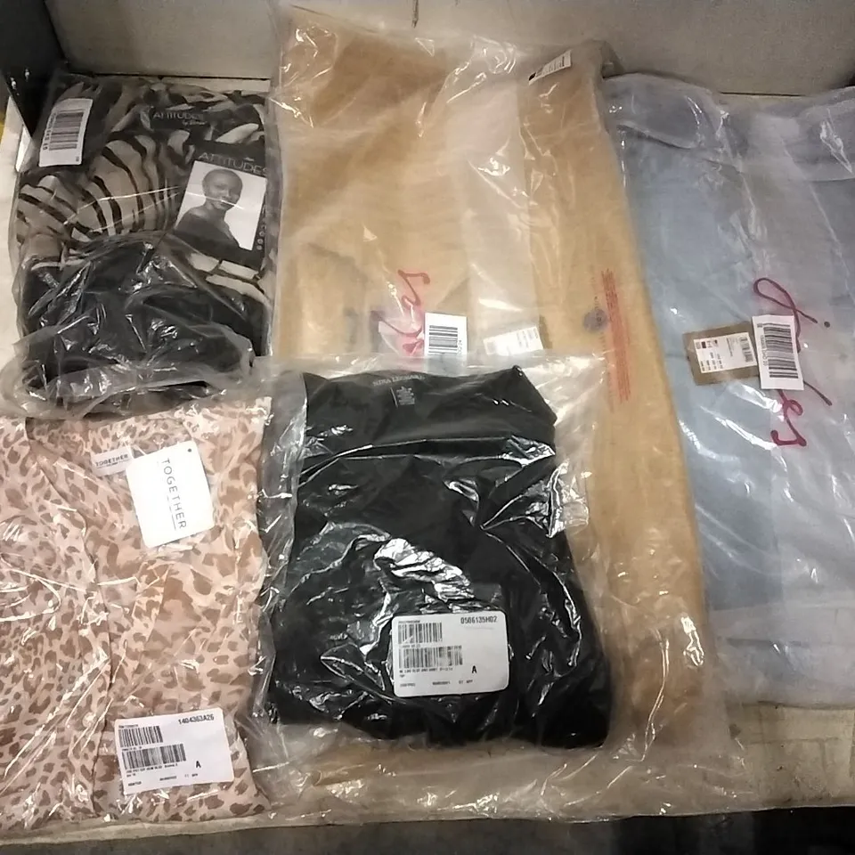 BOX OF ASSORTED CLOTHING TO INCLUDE JOULES MUSTARD AND LIGHT BLUE WINTER COATS, NINA LEOPARD LONG SLEEVE BLACK KNIT SHIRT LARGE, ATTITUDES BY RENEE PCS DRESS SET SMALL, TOGETHER ANIMAL PRINT BLOUSE 14
