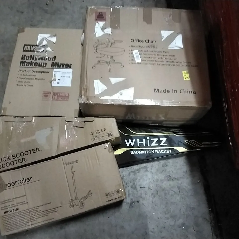 PALLET CONTAINING ASSORTED PRODUCTS INCLUDING OFFICE CHAIR, HOLLYWOOD MAKEUP MIRROR, BADMINTON RACKET & KICK SCOOTER