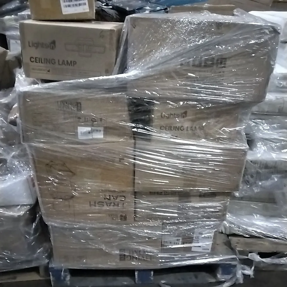 PALLET OF HOUSEHOLD ITEMS TO INCLUDE CEILING LAMP, DRESSING STOOL, TRASH CAN, TRIPOD FURNITURE LEGS AND OTHER ASSORTED ITEMS...
