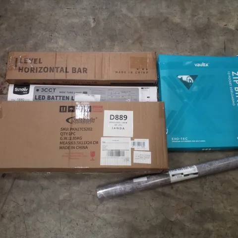 PALLET CONTAINING ASSORTED PRODUCTS INCLUDINGLEVEL HORIZONTAL BAR, LED BATTEN LIGHT, KIDS SCOOTER, VAULTX BINDER & TRAMPOLINE