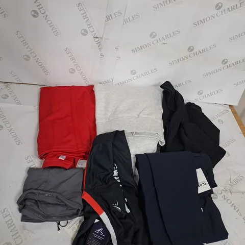 LARGE BOX OF ASSORTED CLOTHING ITEMS IN VARIOUS COLOURS AND SIZES INCLUDING TROUSERS , TOPS AND JUMPERS